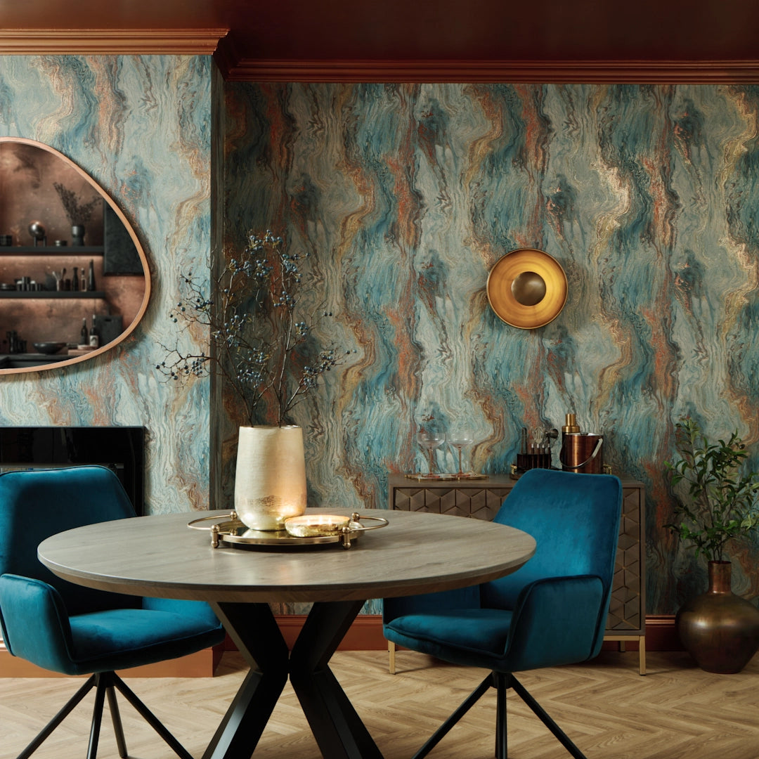 Etna Metallic Wallpaper in Blue and Gold