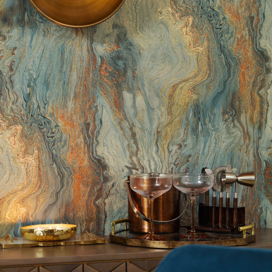 Etna Metallic Wallpaper in Blue and Gold