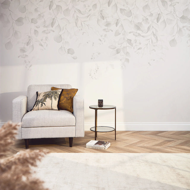 Eucalyptus Cascade Full Wall Mural in Soft Greys