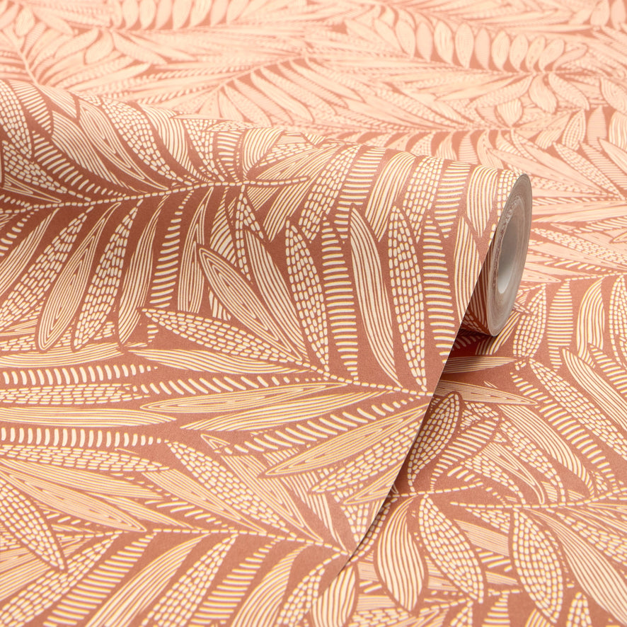 Fern Leaf Wallpaper in Cream on Terracotta