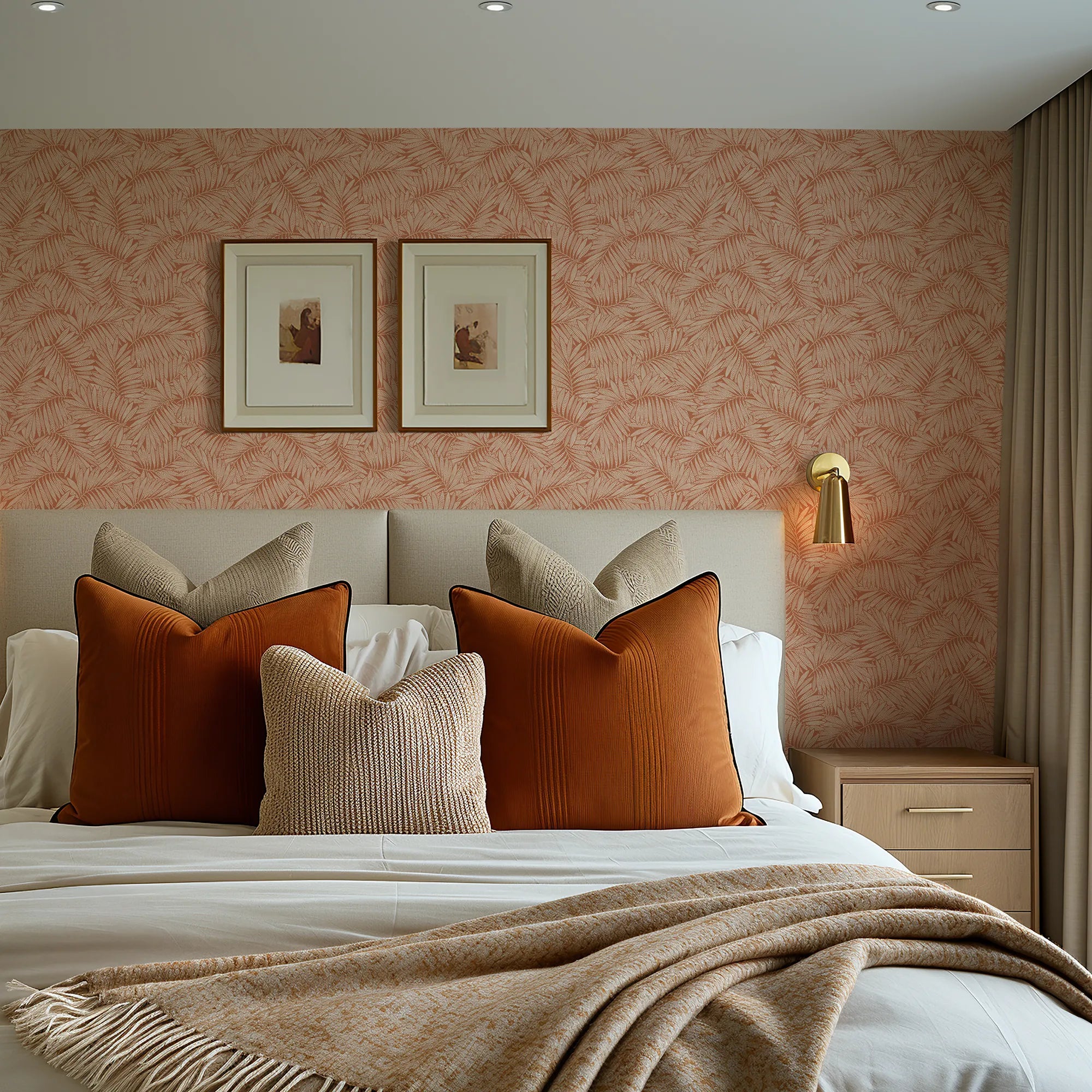 Fern Leaf Wallpaper in Cream on Terracotta