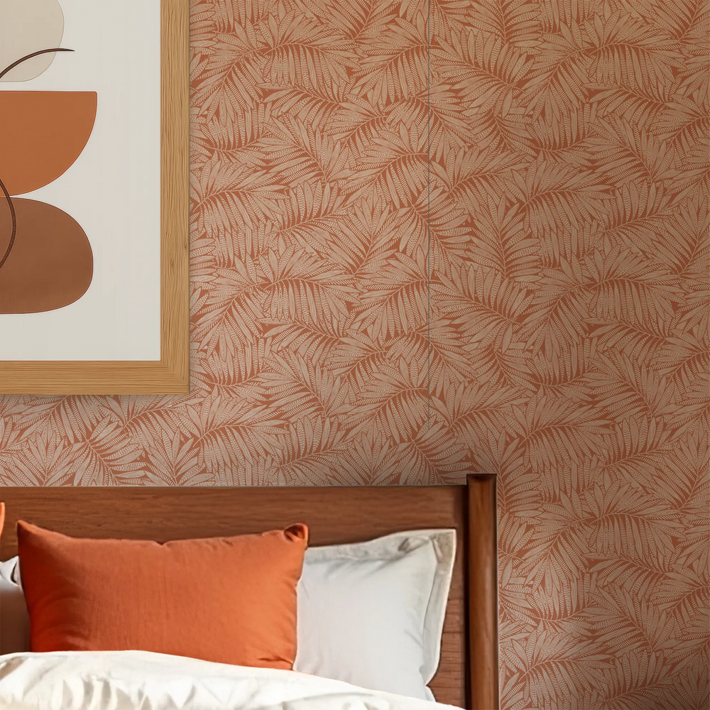 Fern Leaf Wallpaper in Cream on Terracotta