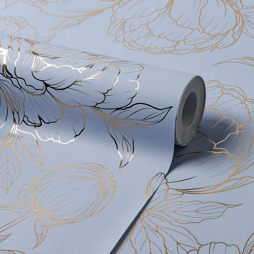 Flora Wallpaper in Blue with Gold Foil