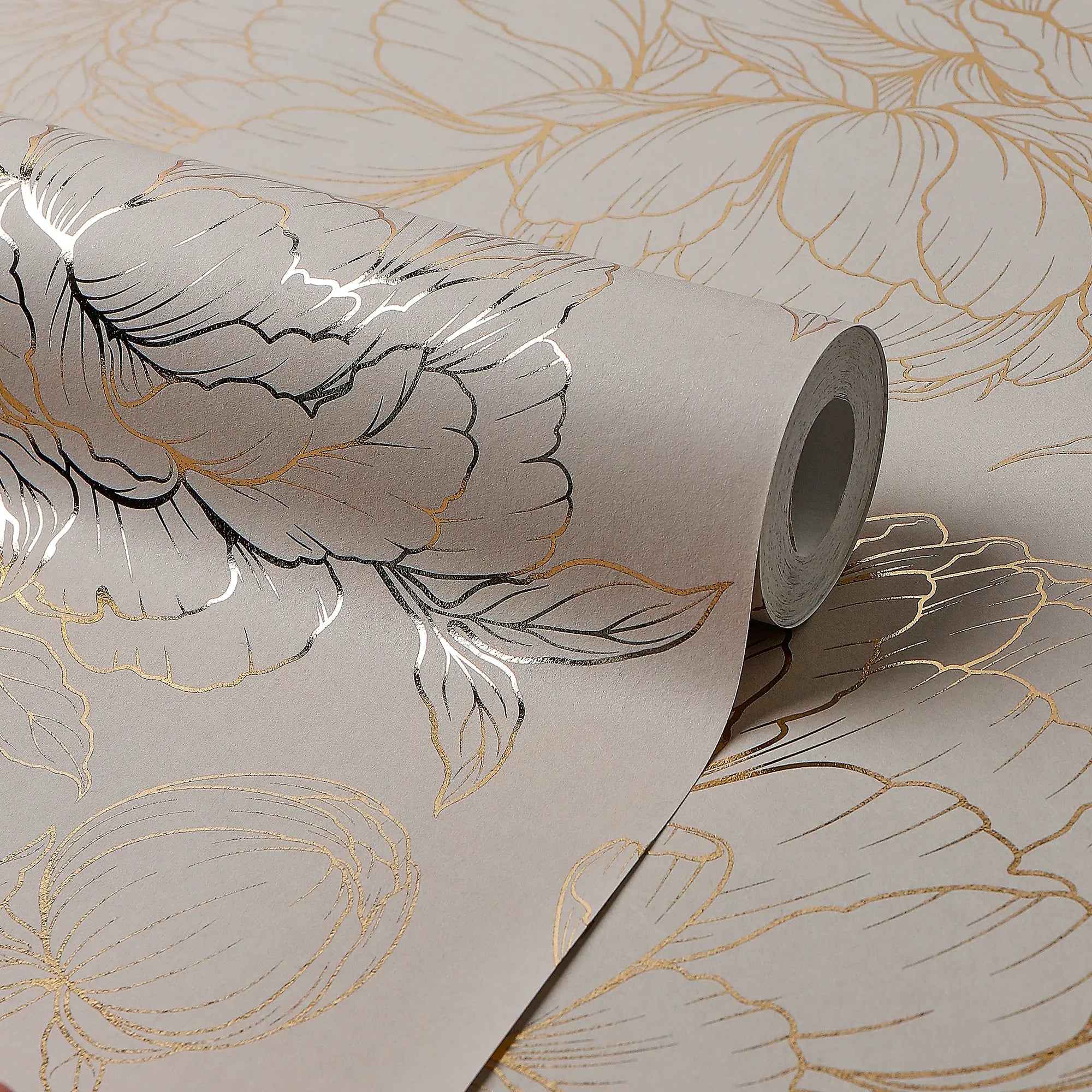 Flora Wallpaper in Grey with Gold Foil