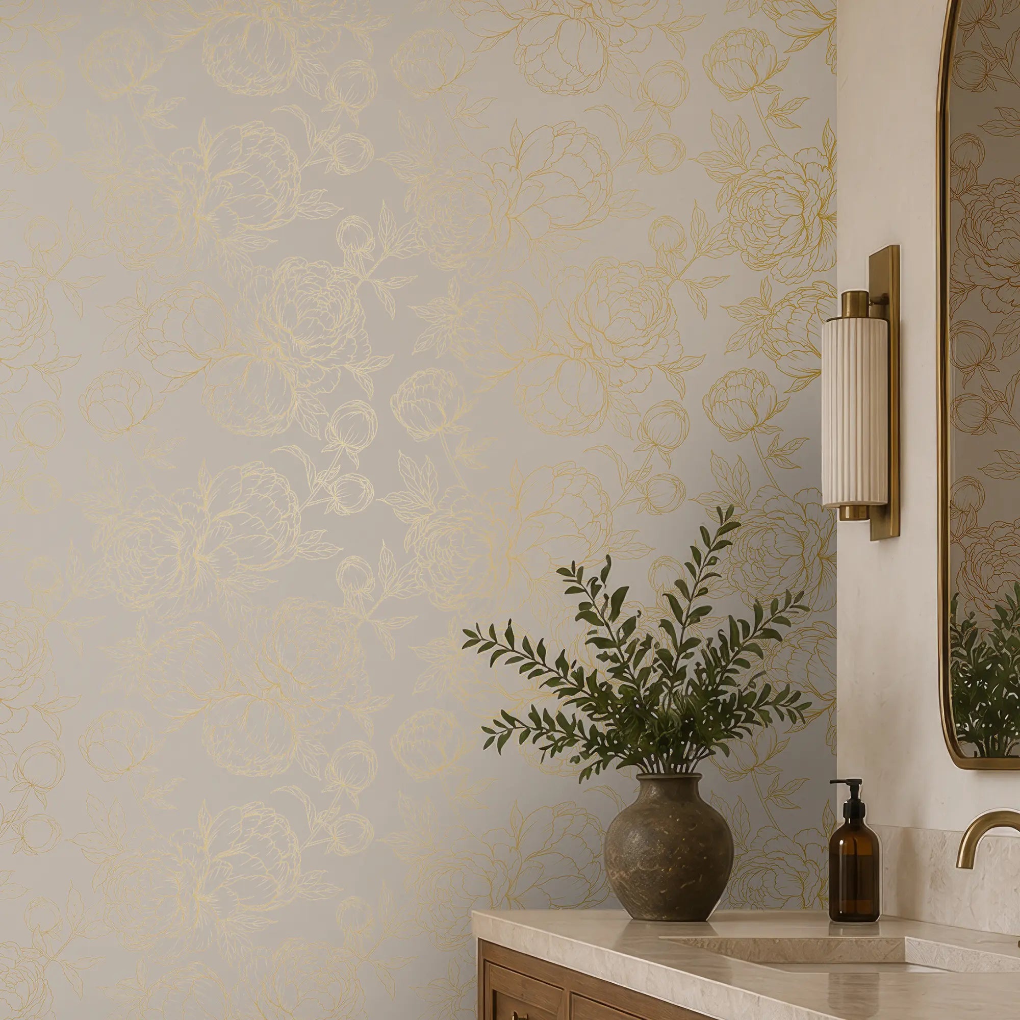 Flora Wallpaper in Grey with Gold Foil