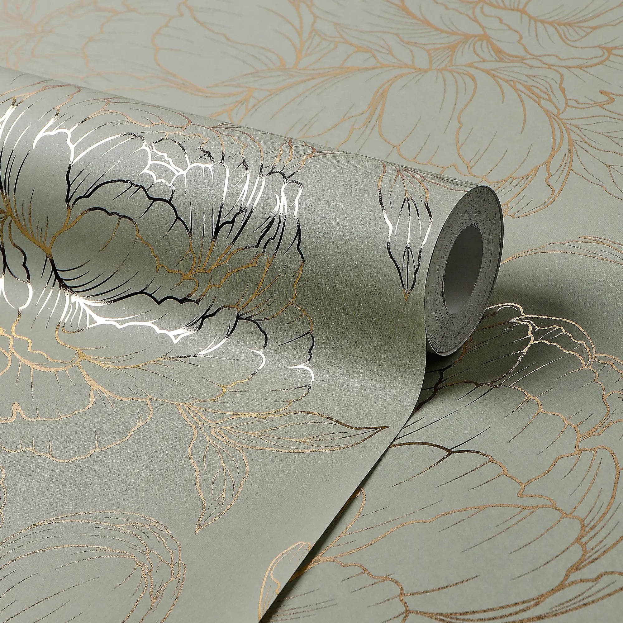Flora Wallpaper in Sage Green with Gold Foil