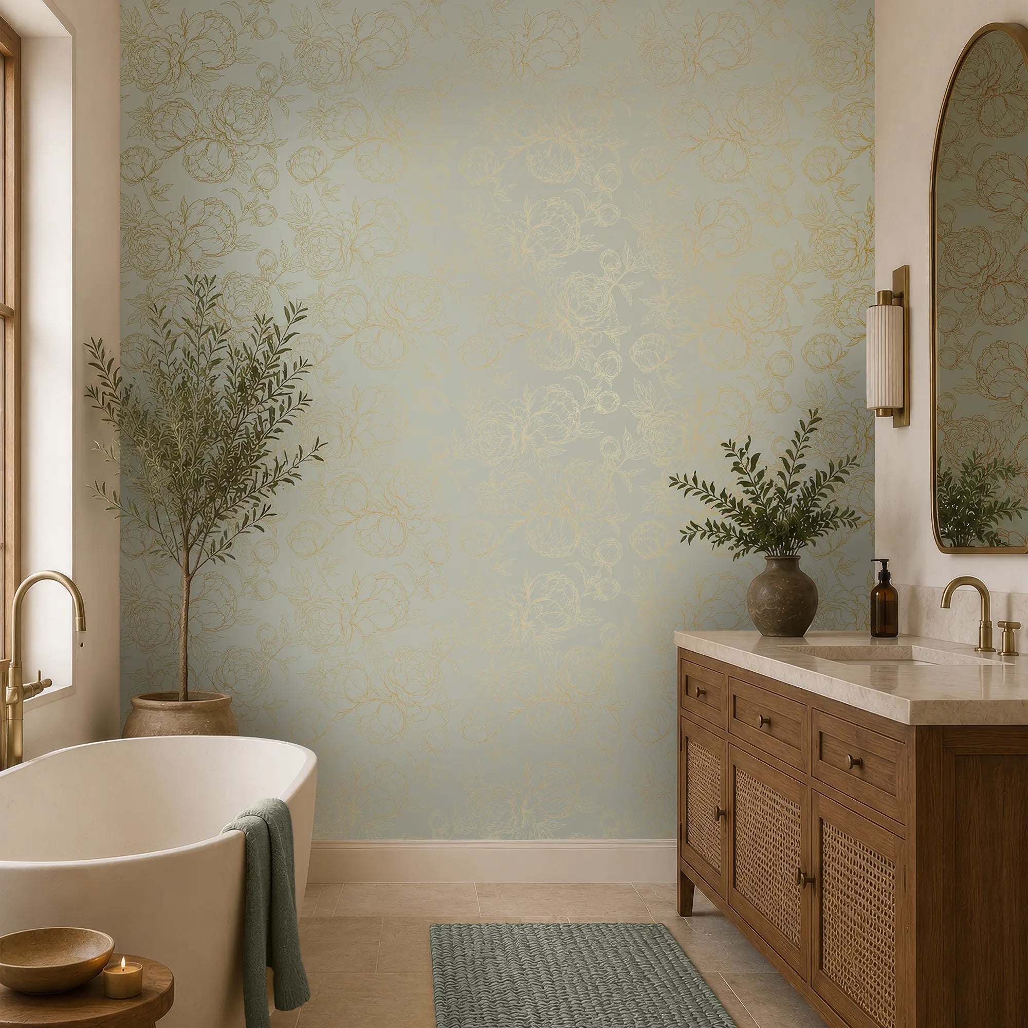 Flora Wallpaper in Sage Green with Gold Foil