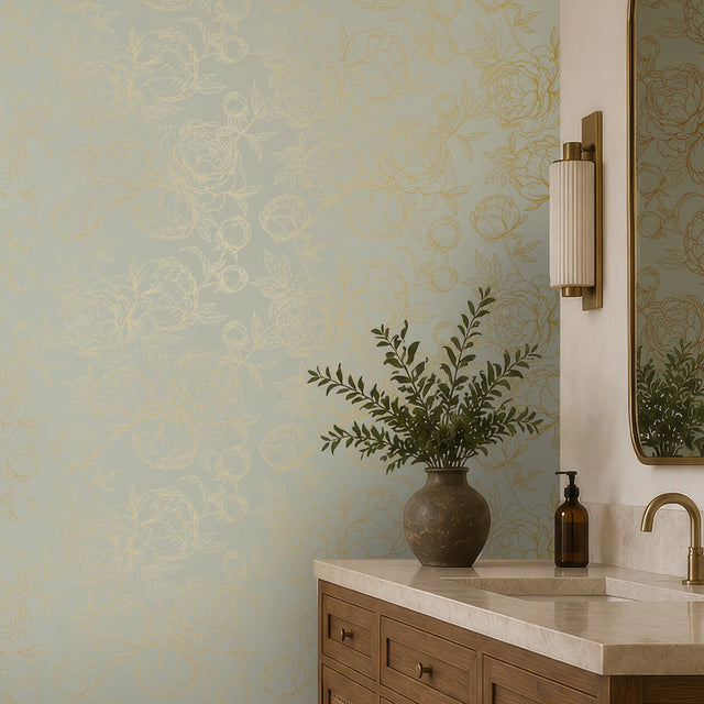 Flora Wallpaper in Sage Green with Gold Foil