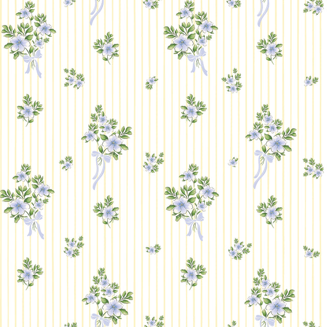Floral Bouquet Pinstripe Wallpaper in Blue and Yellow