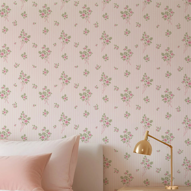 Floral Bouquet Pinstripe Wallpaper in Light Pink and Pink