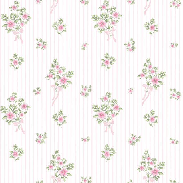 Floral Bouquet Pinstripe Wallpaper in Light Pink and Pink