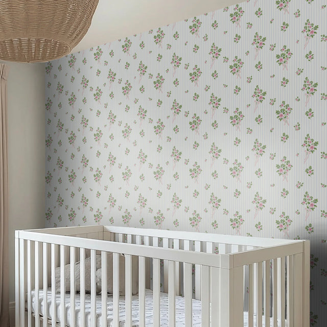 Floral Bouquet Pinstripe Wallpaper in Pink and Blue