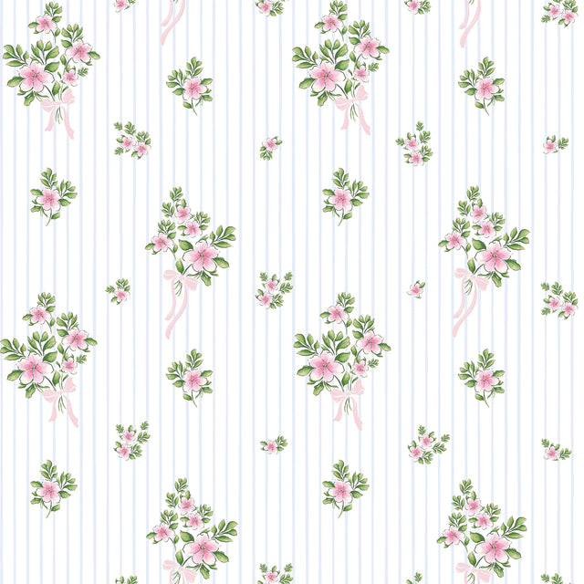 Floral Bouquet Pinstripe Wallpaper in Pink and Blue