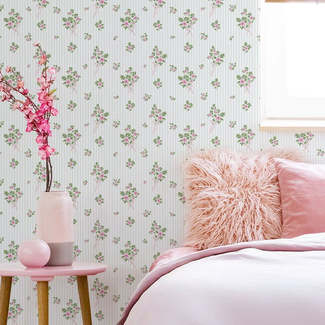 Floral Bouquet Pinstripe Wallpaper in Pink and Sage