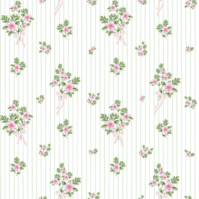 Floral Bouquet Pinstripe Wallpaper in Pink and Sage