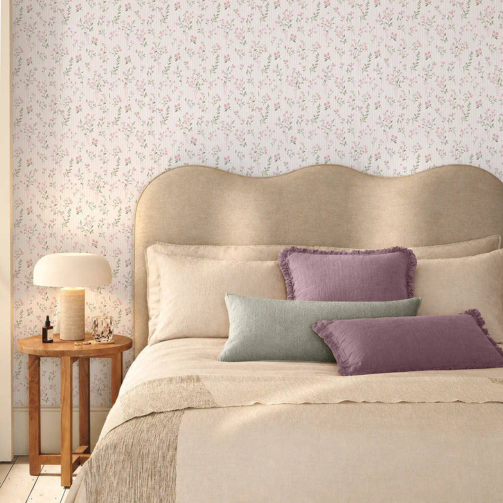 Floral Pinstripe Wallpaper in Light Pink and Pink