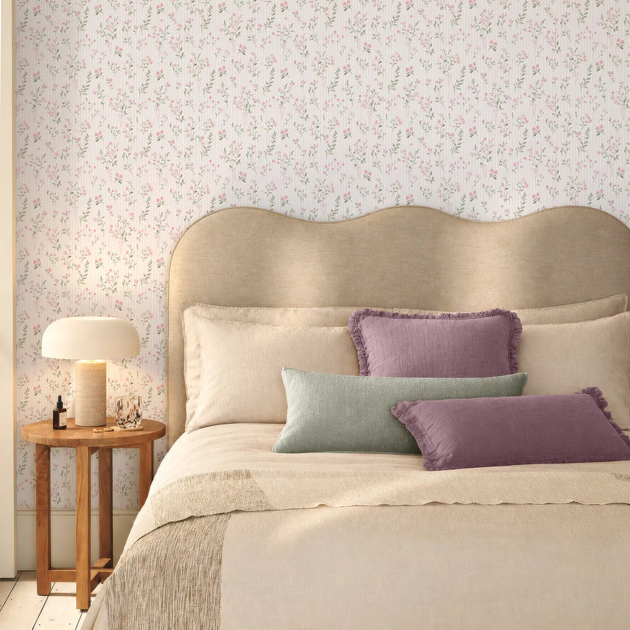 Floral Pinstripe Wallpaper in Light Pink and Pink