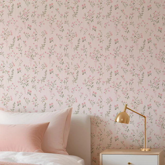 Floral Pinstripe Wallpaper in Light Pink and Pink