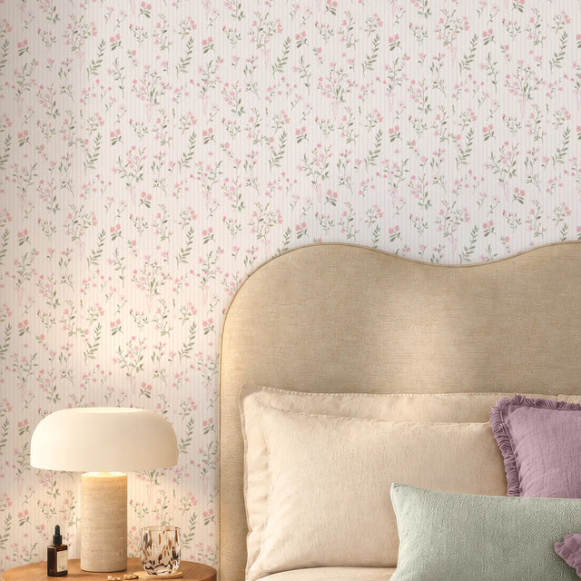 Floral Pinstripe Wallpaper in Light Pink and Pink