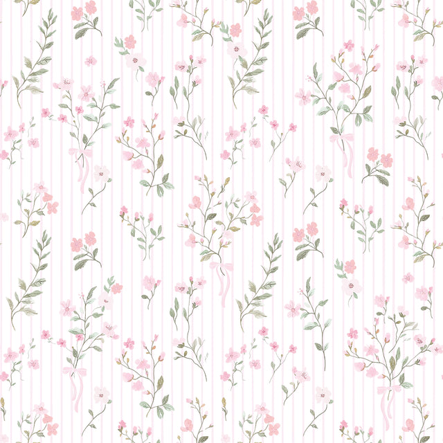 Floral Pinstripe Wallpaper in Light Pink and Pink