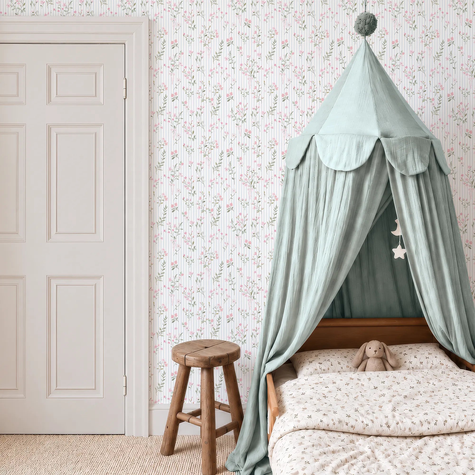 Floral Pinstripe Wallpaper in Light Pink and Soft Blue