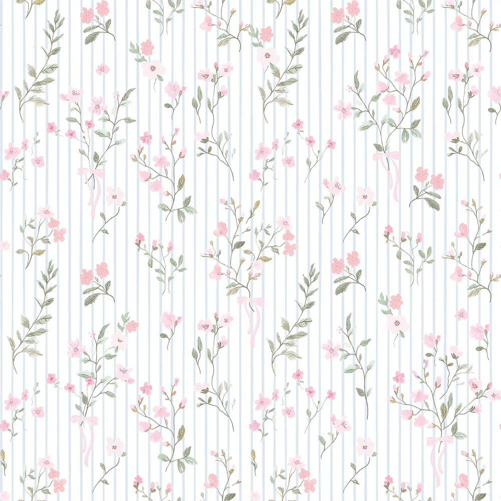 Floral Pinstripe Wallpaper in Light Pink and Soft Blue