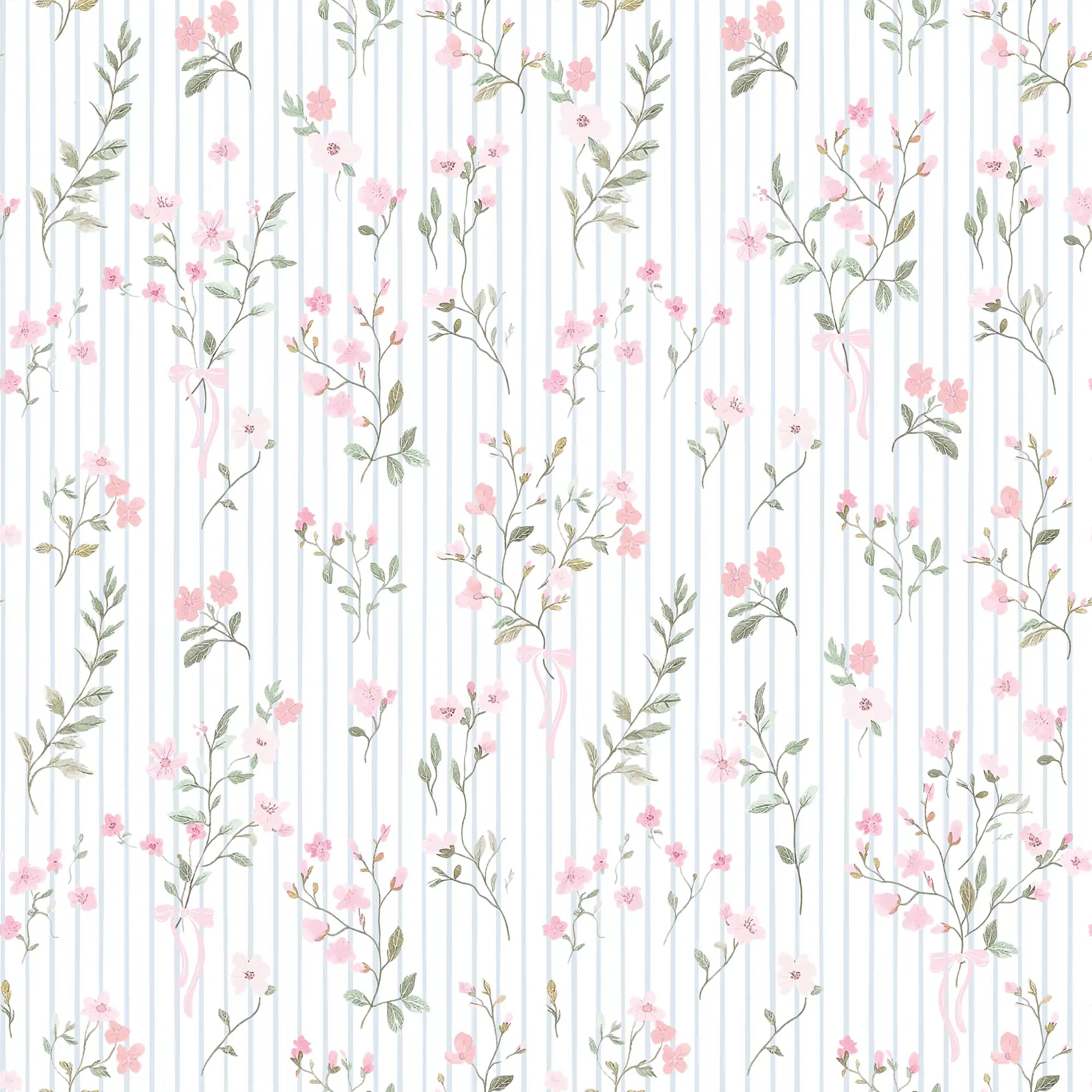 Floral Pinstripe Wallpaper in Light Pink and Soft Blue