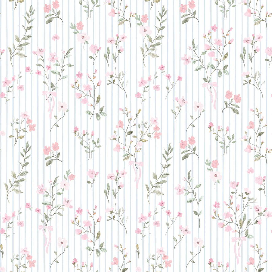Floral Pinstripe Wallpaper in Light Pink and Soft Blue