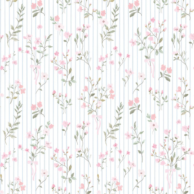 Floral Pinstripe Wallpaper in Light Pink and Soft Blue