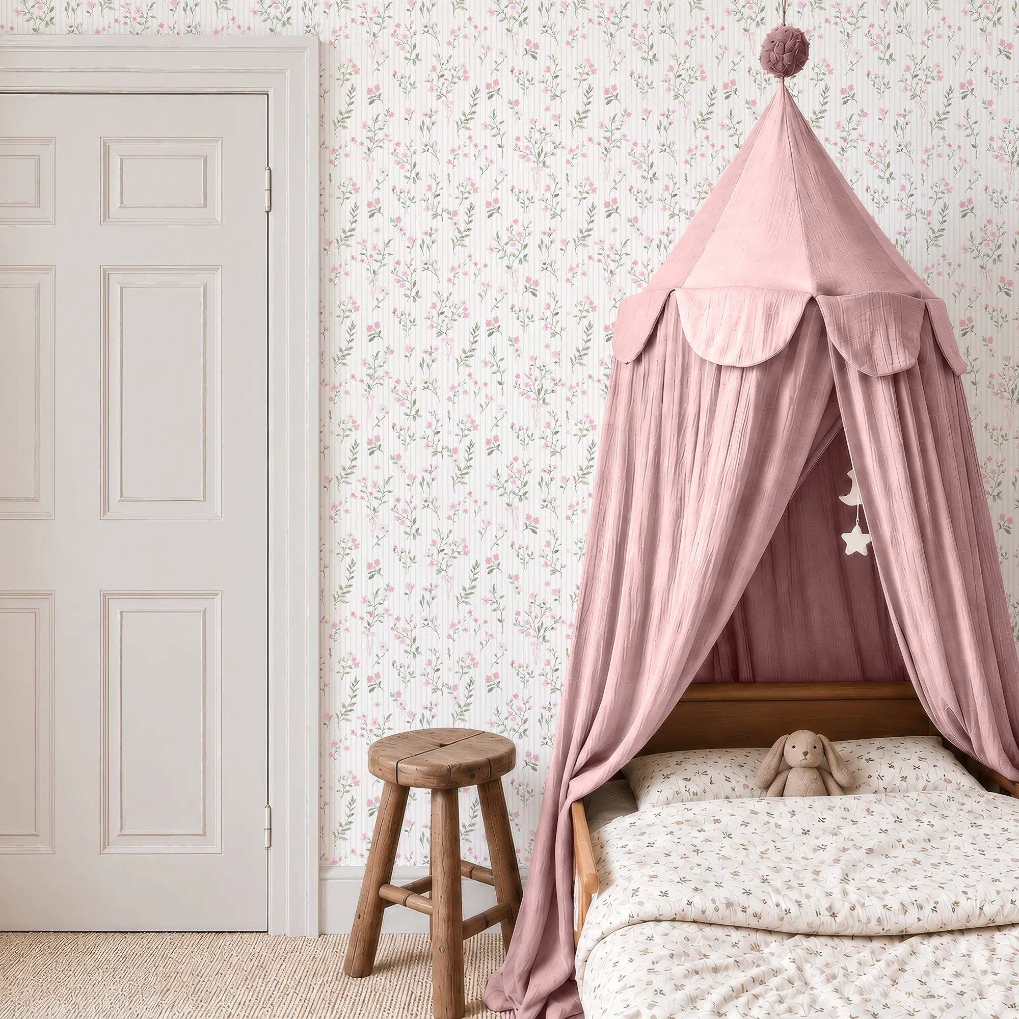 Floral Pinstripe Wallpaper in Light Pink and Stone