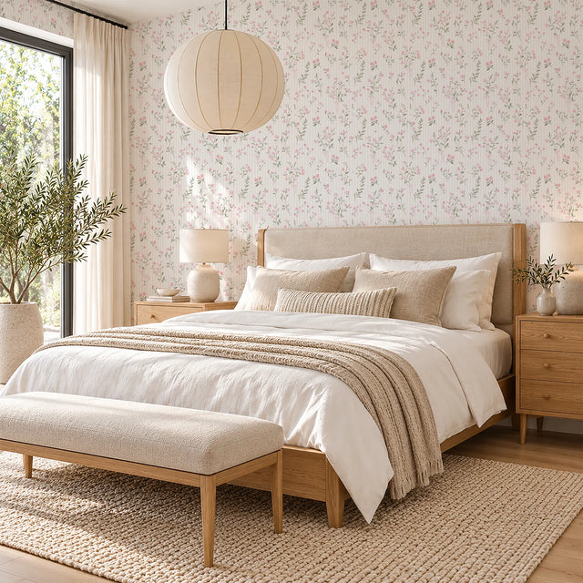 Floral Pinstripe Wallpaper in Light Pink and Stone