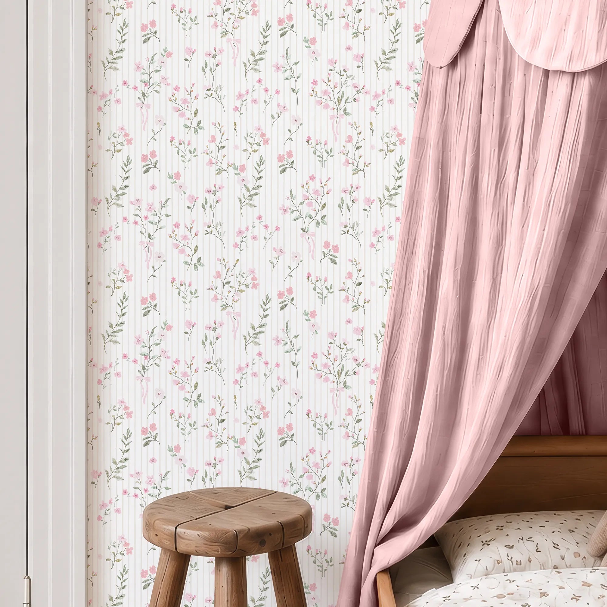 Floral Pinstripe Wallpaper in Light Pink and Stone