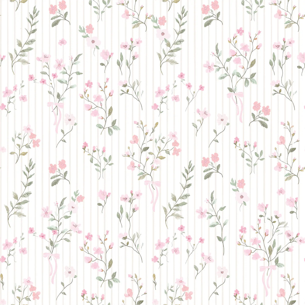 Floral Pinstripe Wallpaper in Light Pink and Stone