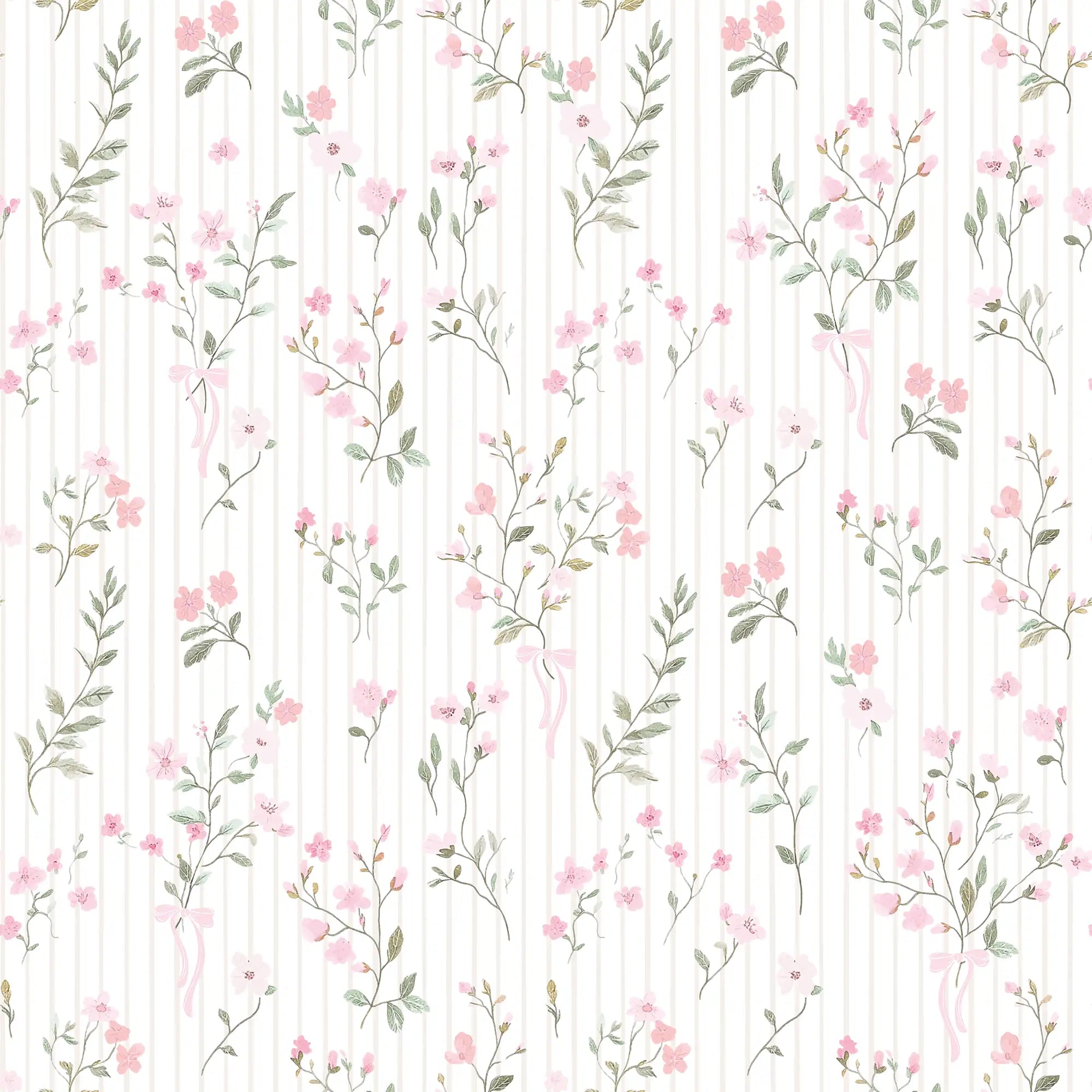 Floral Pinstripe Wallpaper in Light Pink and Stone