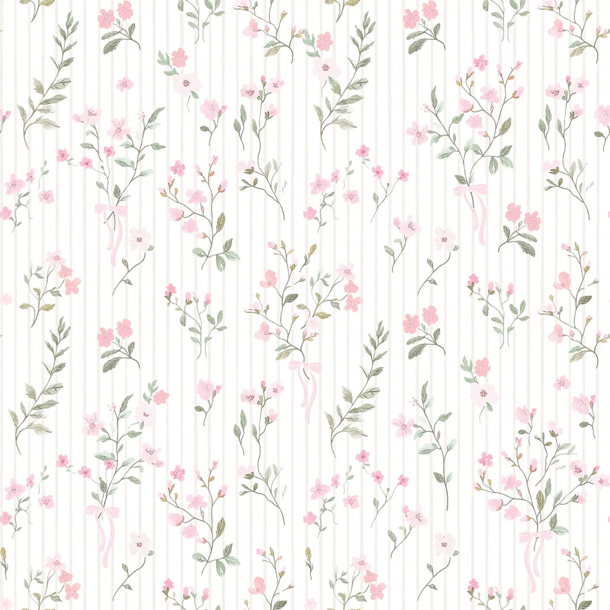 Floral Pinstripe Wallpaper in Light Pink and Stone
