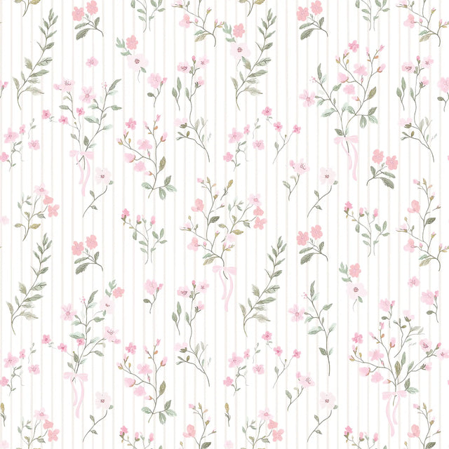 Floral Pinstripe Wallpaper in Light Pink and Stone