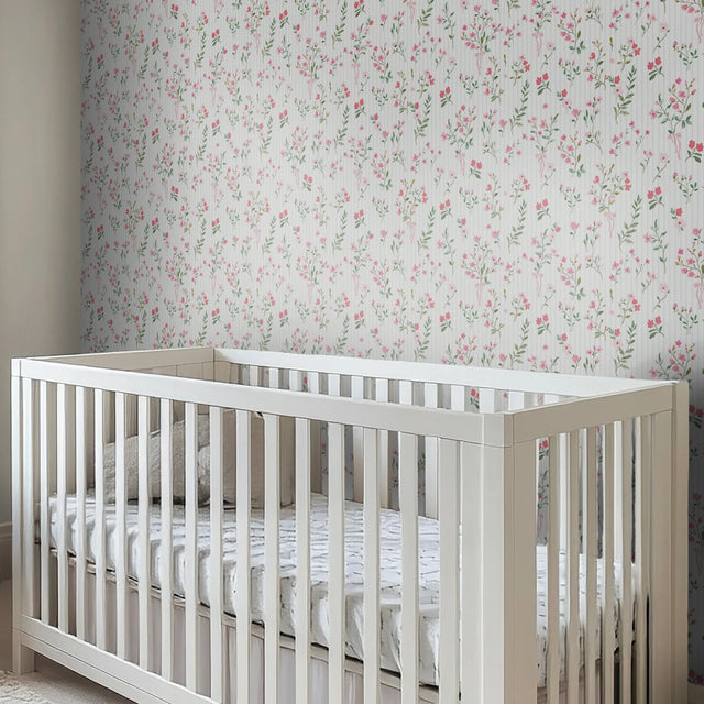 Floral Pinstripe Wallpaper in Pink and Blue