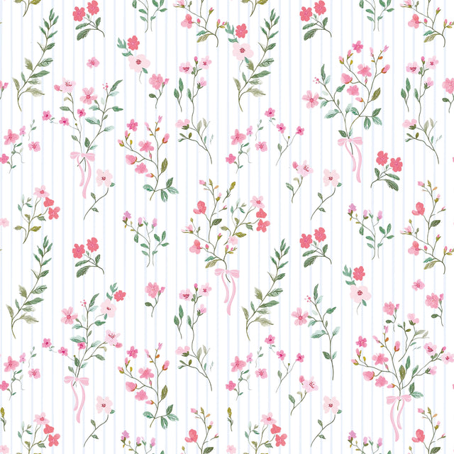 Floral Pinstripe Wallpaper in Pink and Blue