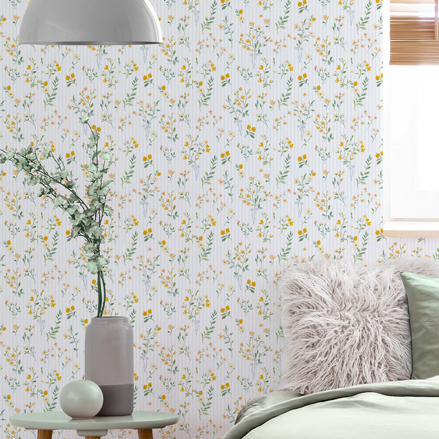Floral Pinstripe Wallpaper in Yellow and Blue