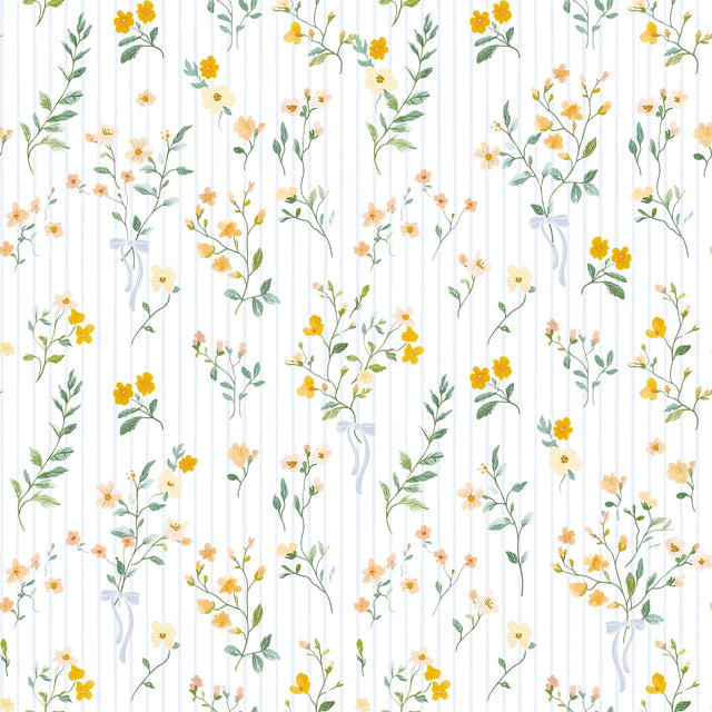 Floral Pinstripe Wallpaper in Yellow and Blue