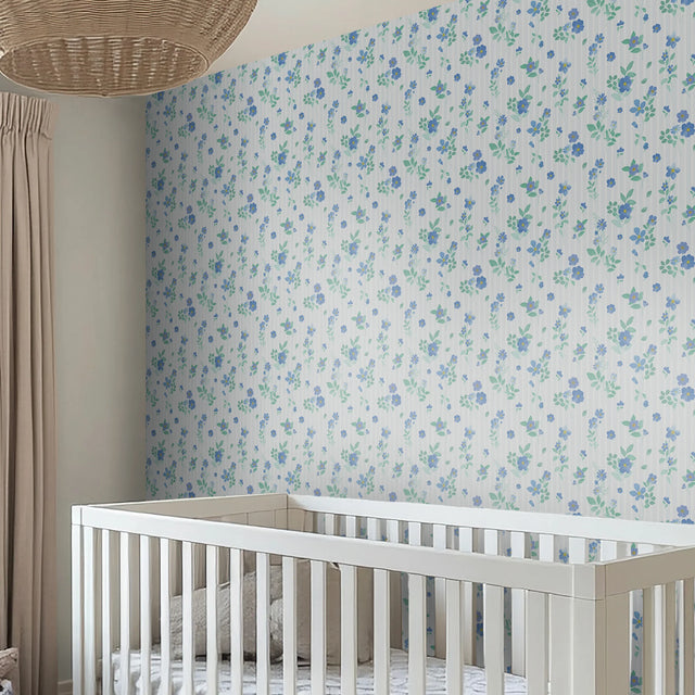 Flowers and Stripes Wallpaper in Blue and Green