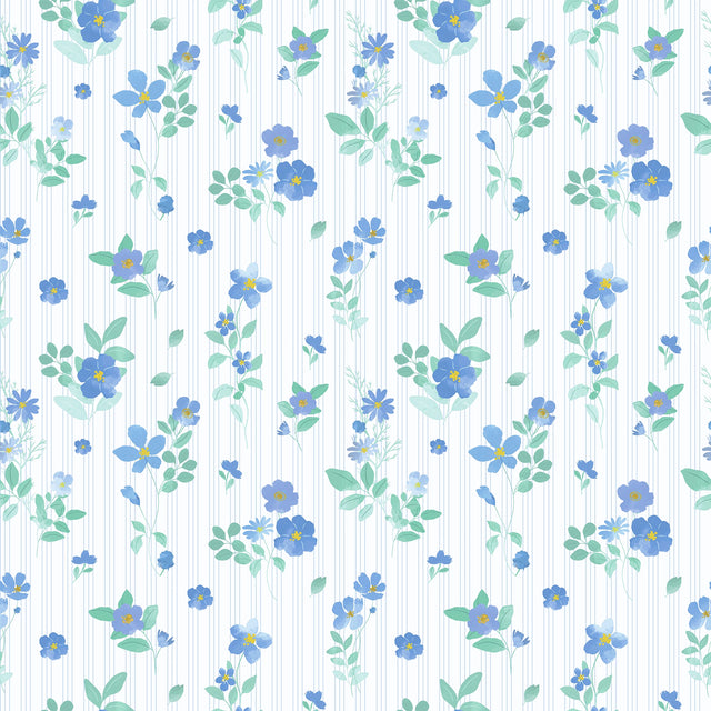Flowers and Stripes Wallpaper in Blue and Green