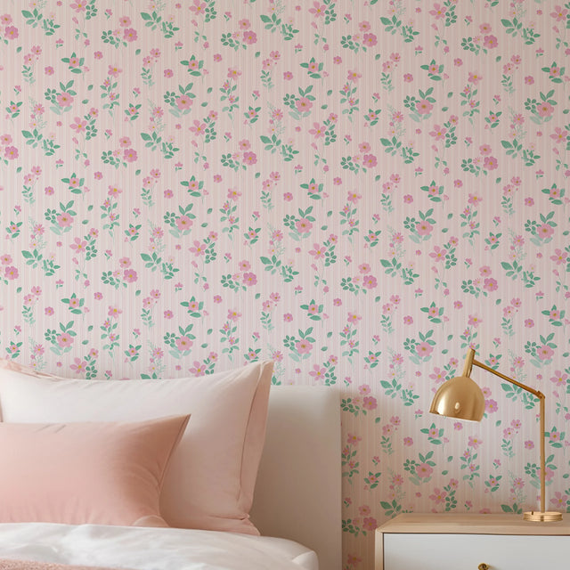 Flowers and Stripes Wallpaper in Candy Pink and Green