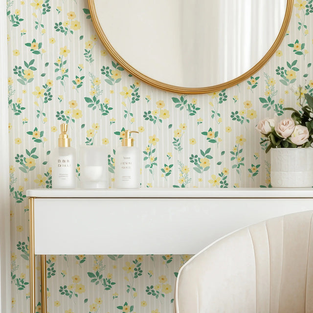 Flowers and Stripes Wallpaper in Lemon Yellow and Sage