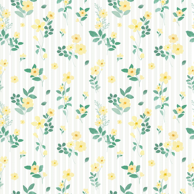 Flowers and Stripes Wallpaper in Lemon Yellow and Sage