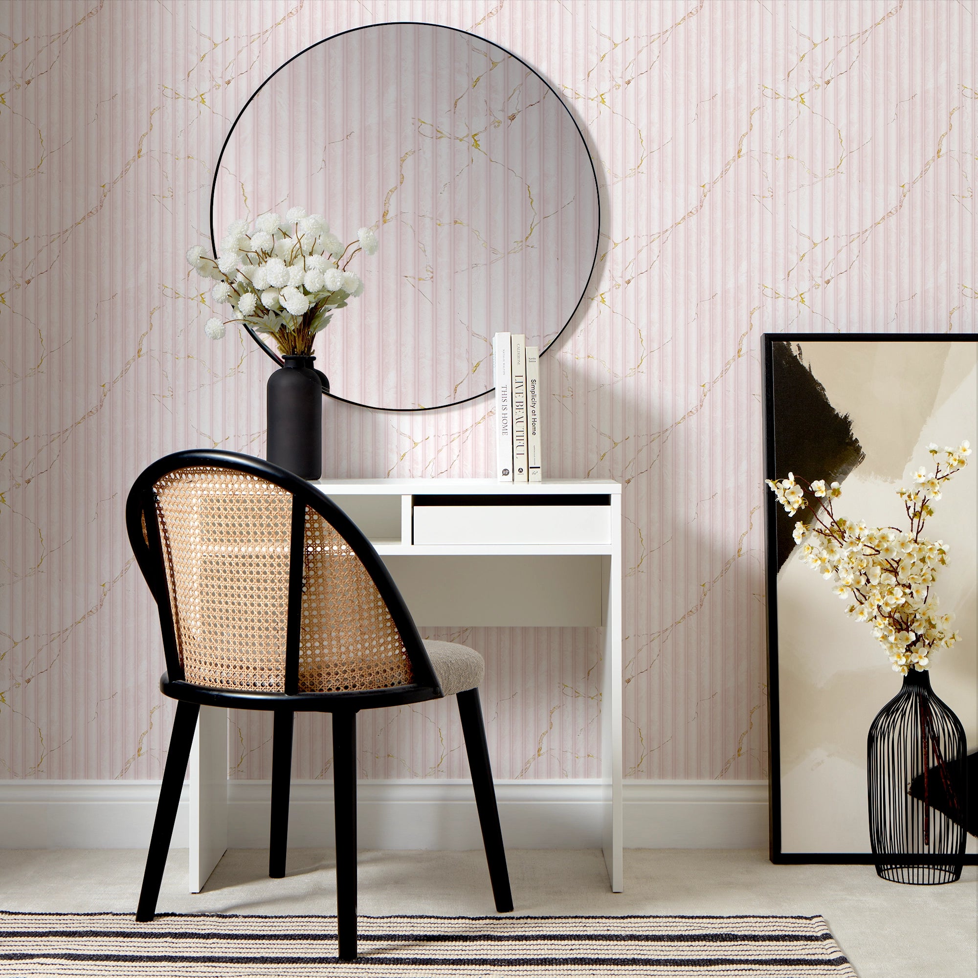 Fluted Marble Panel Wallpaper in Pink