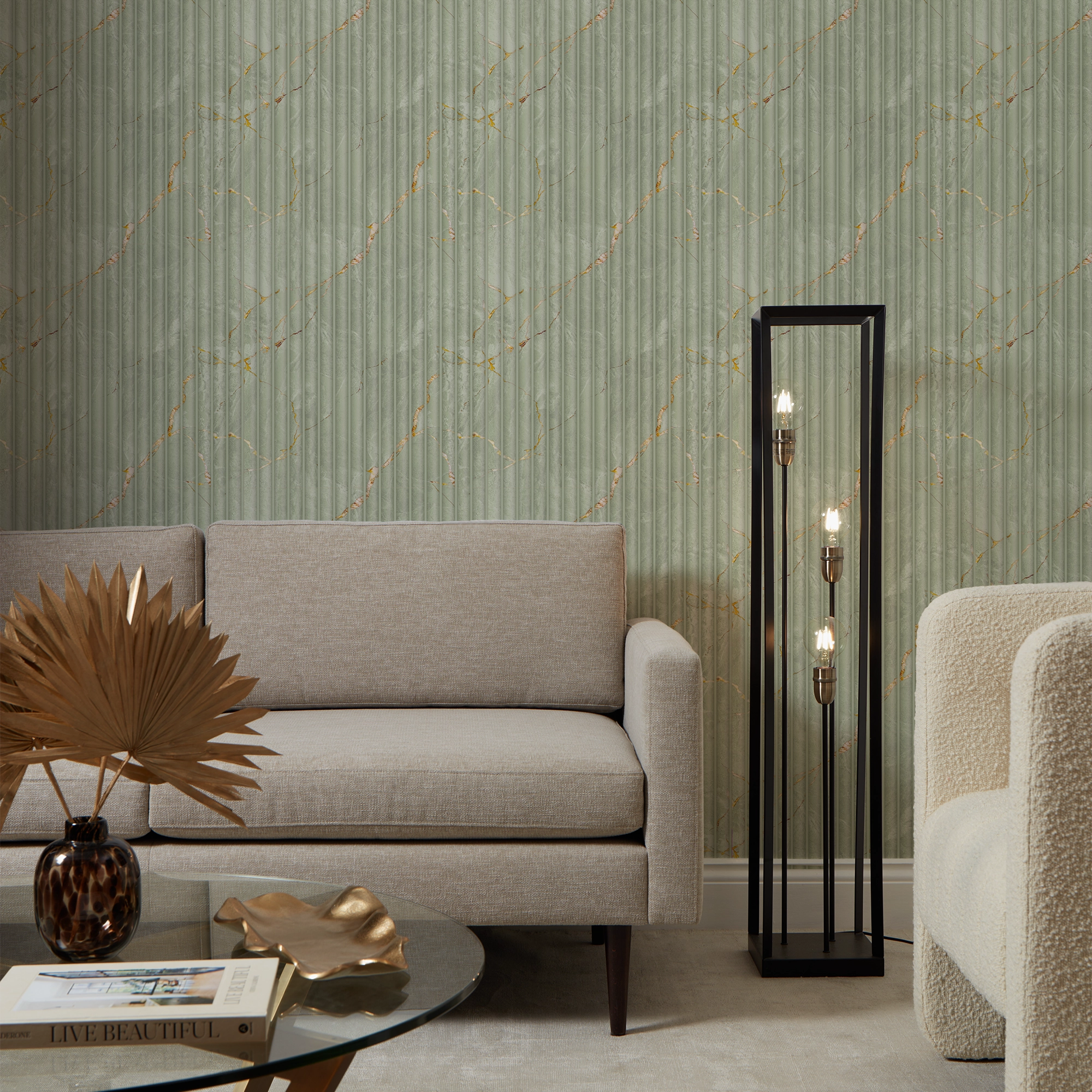 Fluted Marble Panel Wallpaper in Sage