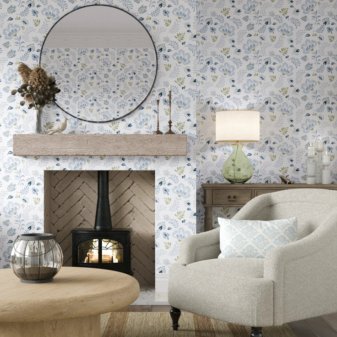 Folk Foliage Wallpaper in Blue and Sage on Cream