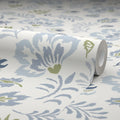 Folk Foliage Wallpaper in Blue and Sage on Cream