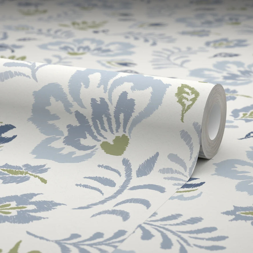 Folk Foliage Wallpaper in Blue and Sage on Cream